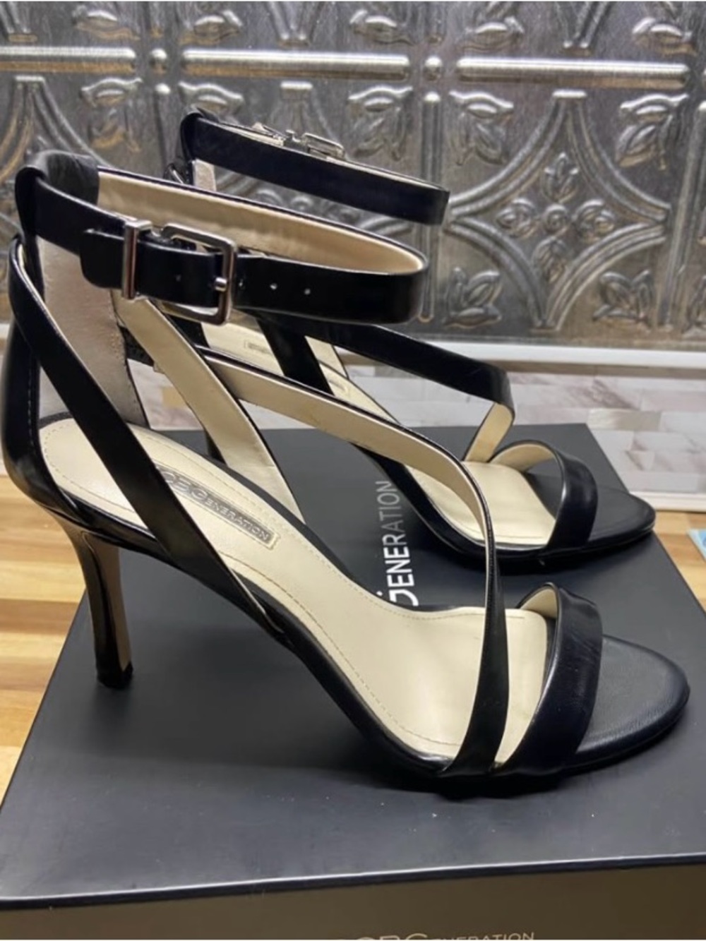 Black Strappy Ankle‑Buckle Heels BcBg -Diego sz 7